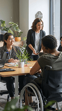 Fotografia de sala de reunião, com três pessoas ao redor de uma mesa com notebook e objetos de trabalho. Uma delas está em uma cadeira de rodas.