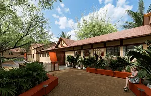 Foco no deck em madeira anexo à entrada principal. Área elevada com guarda-corpo e jardineira linear que funciona como banco.