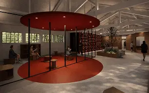 Vista interna do edifício com área multifuncional.